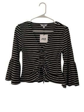 BB Dakota Crop Top Striped V-Neck Ruched Bell Sleeve Blouse Y2K Size S